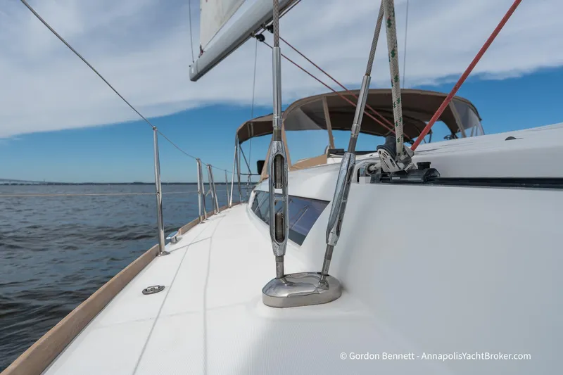 Balandra Yacht Photos Pics 2014 Jeanneau Sun Odyssey 439 sailboat on calm waters under a clear blue sky.