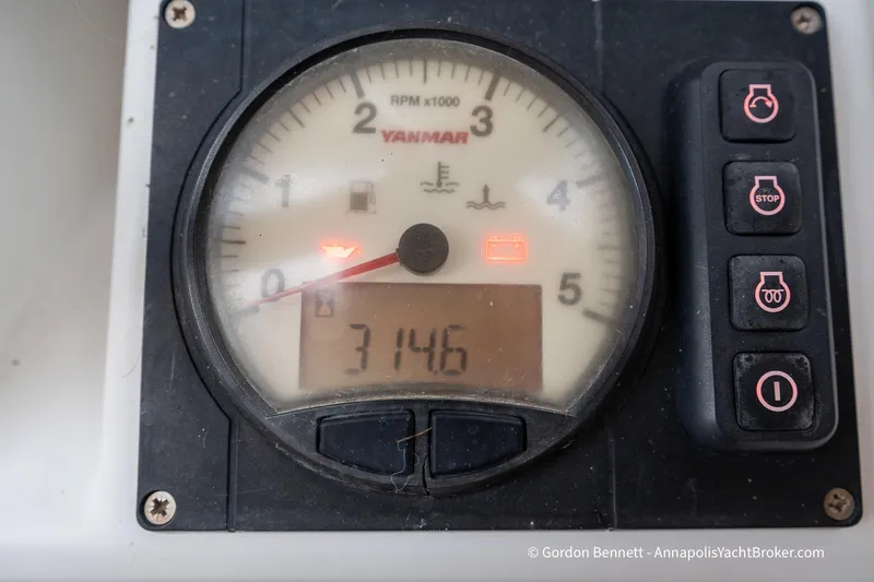 Balandra Yacht Photos Pics Close-up of Yanmar engine gauge on 2014 Jeanneau Sun Odyssey 439 sailboat.