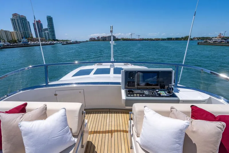 Mixed Emotions Yacht Photos Pics Luxurious 2014 Mangusta 110 yacht deck with city skyline and ocean view.