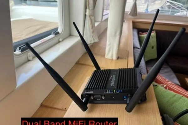 Searching For Bliss Yacht Photos Pics Dual band MiFi router on Lagoon 450 F yacht interior, 2011 model.