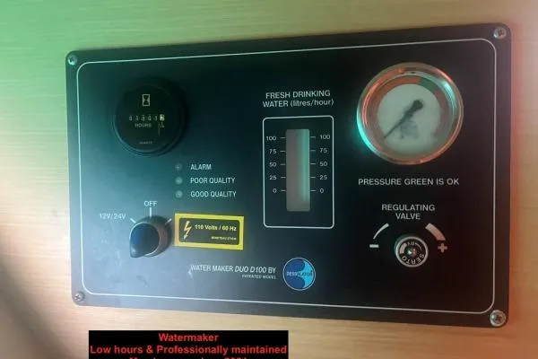 Searching For Bliss Yacht Photos Pics Control panel of a Lagoon 450 F 2011 watermaker, showing pressure and water quality indicators.
