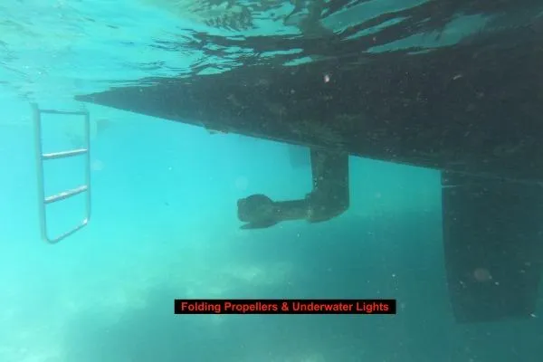 Searching For Bliss Yacht Photos Pics Underwater view of 2011 Lagoon 450 F with folding propellers and underwater lights.