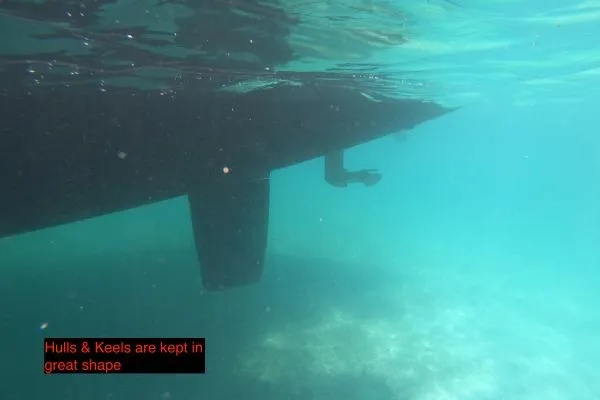 Searching For Bliss Yacht Photos Pics Underwater view of 2011 Lagoon 450 F catamaran hulls and keels in excellent condition.