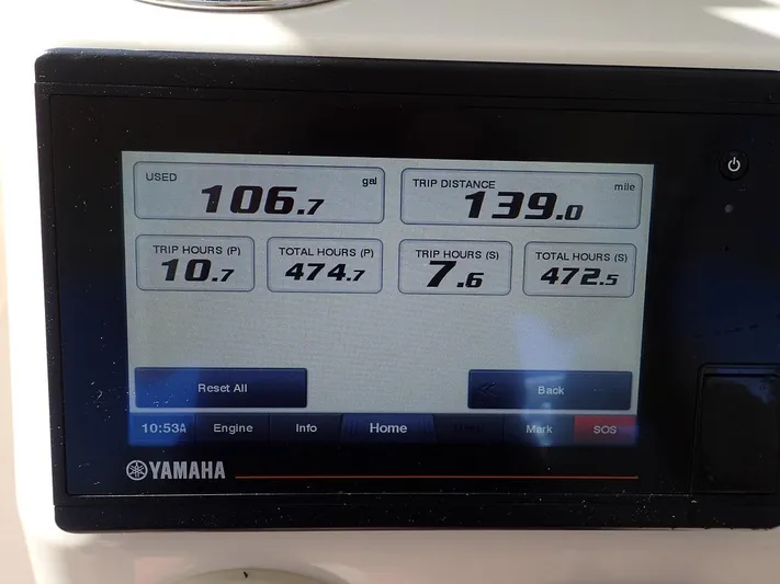  Yacht Photos Pics Yamaha display showing fuel usage and trip data on a 2019 Grady-White Freedom 325 boat.