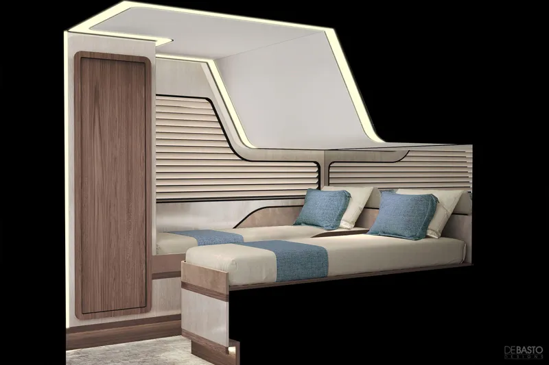  Yacht Photos Pics Luxurious interior of 2026 Cruisers Yachts 57 Fly, featuring modern design and elegant bedding.