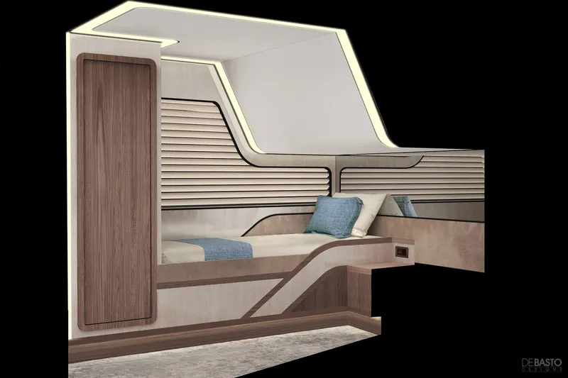  Yacht Photos Pics Luxurious interior cabin of 2026 Cruisers Yachts 57 Fly with modern design elements.