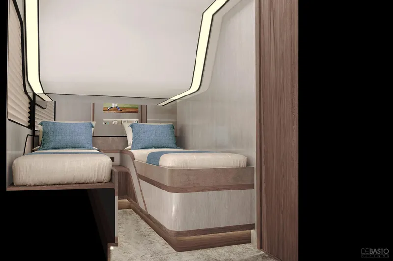  Yacht Photos Pics Luxurious twin cabin interior of 2026 Cruisers Yachts 57 Fly, featuring modern design elements.