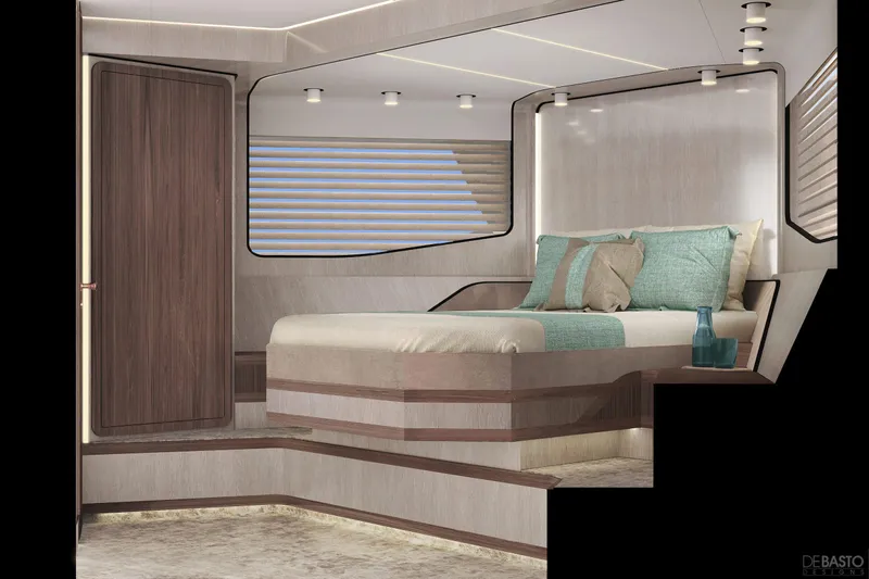  Yacht Photos Pics Luxurious bedroom interior of 2026 Cruisers Yachts 57 Fly, featuring modern design and elegant decor.
