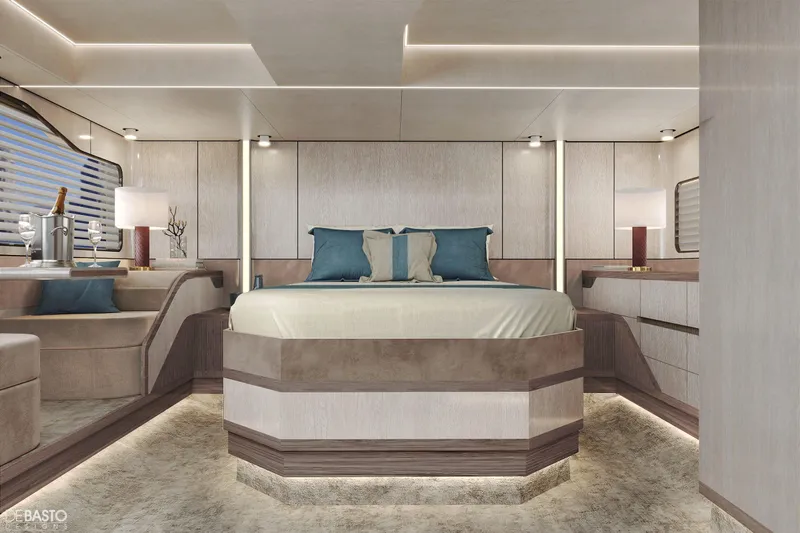  Yacht Photos Pics Luxurious interior of 2026 Cruisers Yachts 57 Fly with elegant bedroom design.