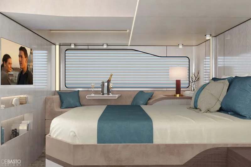  Yacht Photos Pics Luxurious 2026 Cruisers Yachts 57 Fly bedroom with modern decor and elegant amenities.