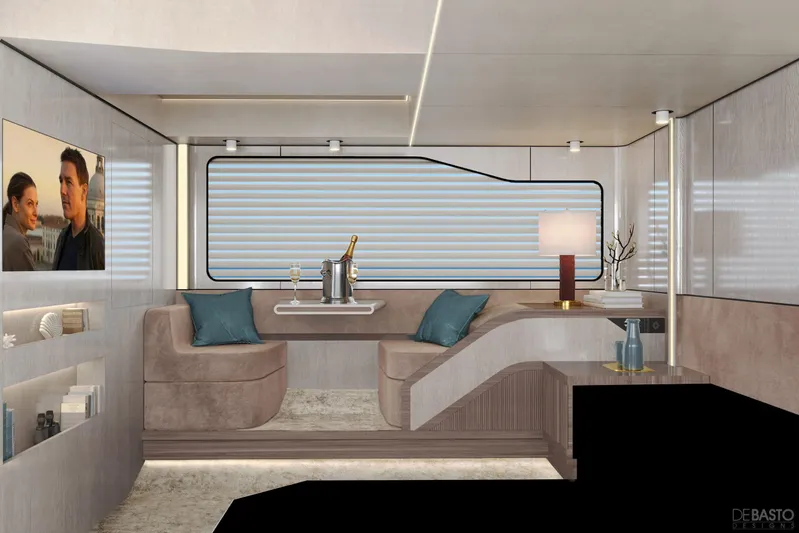  Yacht Photos Pics Luxurious interior of 2026 Cruisers Yachts 57 Fly, featuring elegant seating and modern decor.