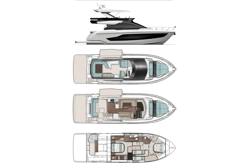  Yacht Photos Pics 2026 Cruisers Yachts 57 Fly side view and floor plans, showcasing luxury design.