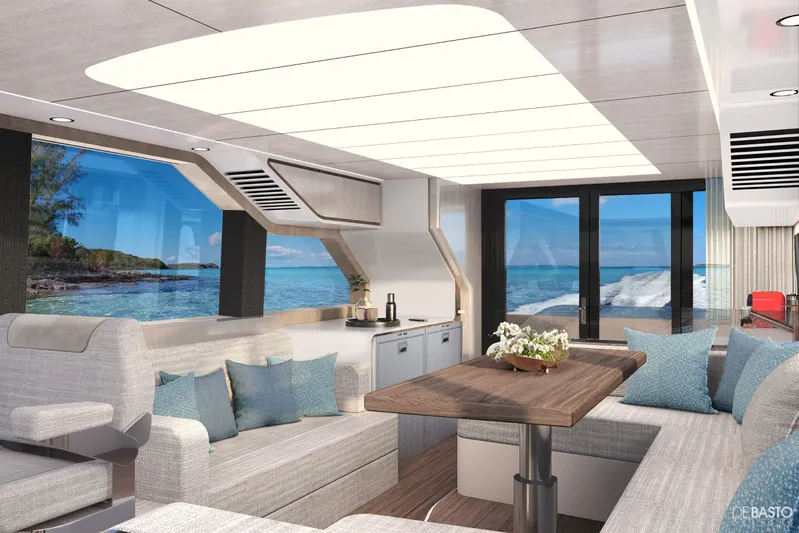  Yacht Photos Pics Luxurious interior of 2026 Cruisers Yachts 57 Fly with ocean view and modern furnishings.