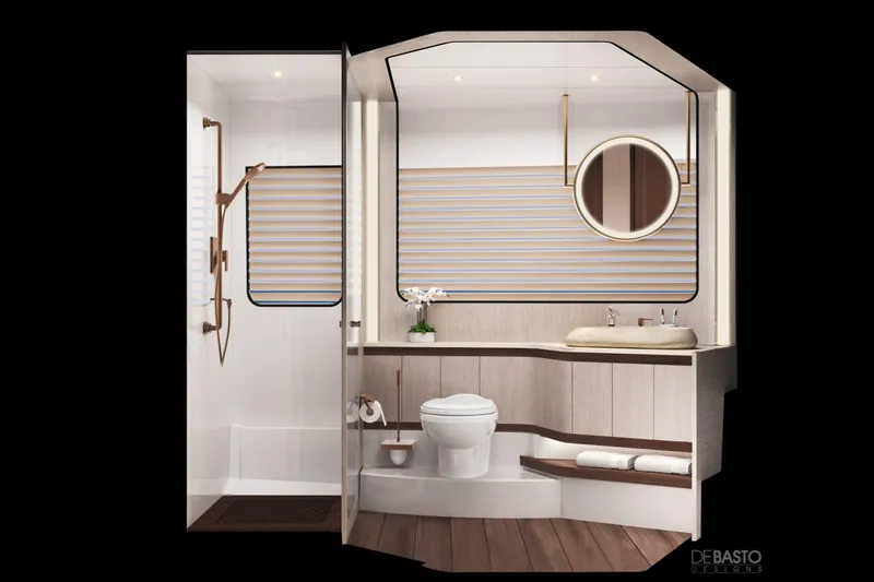  Yacht Photos Pics Luxurious bathroom interior of 2026 Cruisers Yachts 57 Fly, featuring modern fixtures and elegant design.