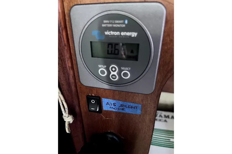 Arma Di Re Yacht Photos Pics Victron Energy battery monitor on 1983 Hallberg-Rassy 42E yacht, AIS silent mode switch.
