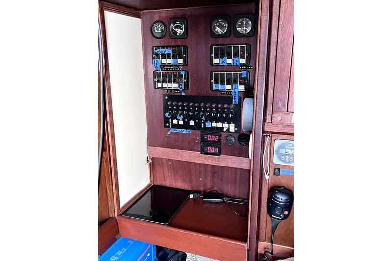 Arma Di Re Yacht Photos Pics Electrical panel of 1983 Hallberg-Rassy 42E sailboat with gauges and switches.