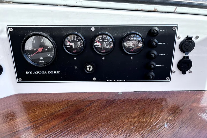 Arma Di Re Yacht Photos Pics Control panel of 1983 Hallberg-Rassy 42E sailboat with Volvo Penta gauges.