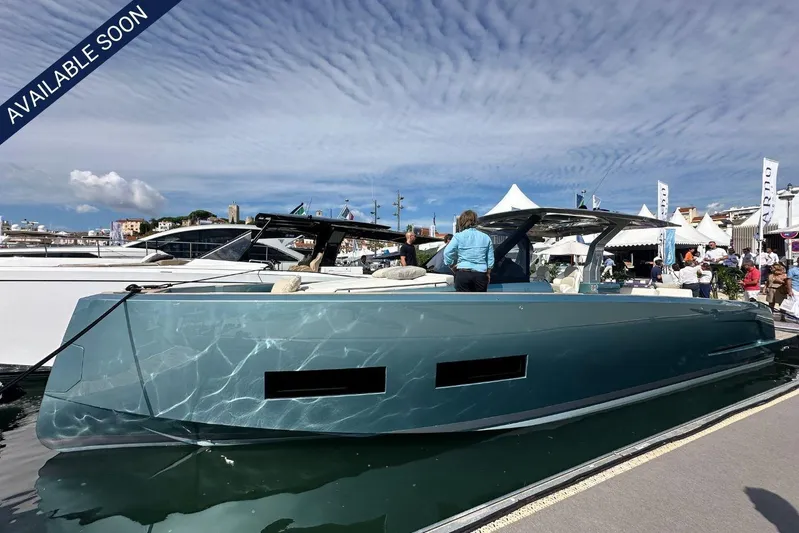  Yacht Photos Pics 2026 Pardo Yachts P43 luxury yacht docked, available soon, under a vibrant blue sky.