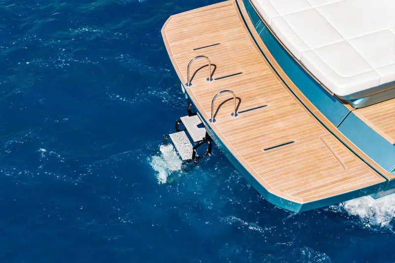  Yacht Photos Pics Luxury Pardo Yachts P43, 2026 model, with elegant wooden deck on blue ocean.