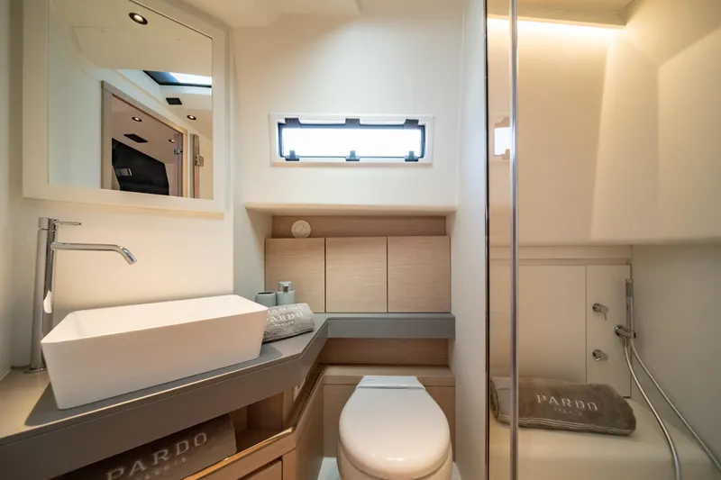  Yacht Photos Pics Luxurious bathroom interior of 2026 Pardo Yachts P43, featuring modern fixtures and elegant design.