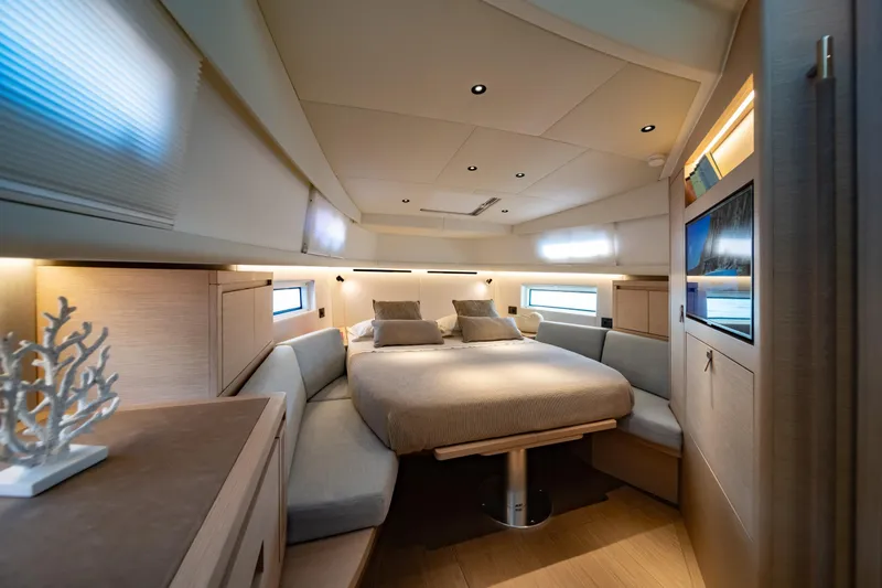  Yacht Photos Pics Luxurious interior of 2026 Pardo Yachts P43, featuring a cozy bedroom with modern design.
