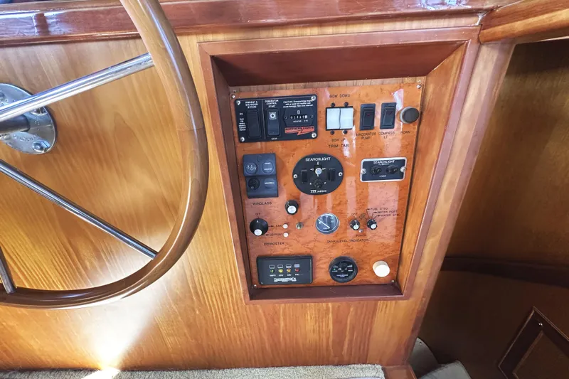 Times Like These Yacht Photos Pics Control panel of 2004 McKinna 57 PHMY Widebody yacht with steering wheel.