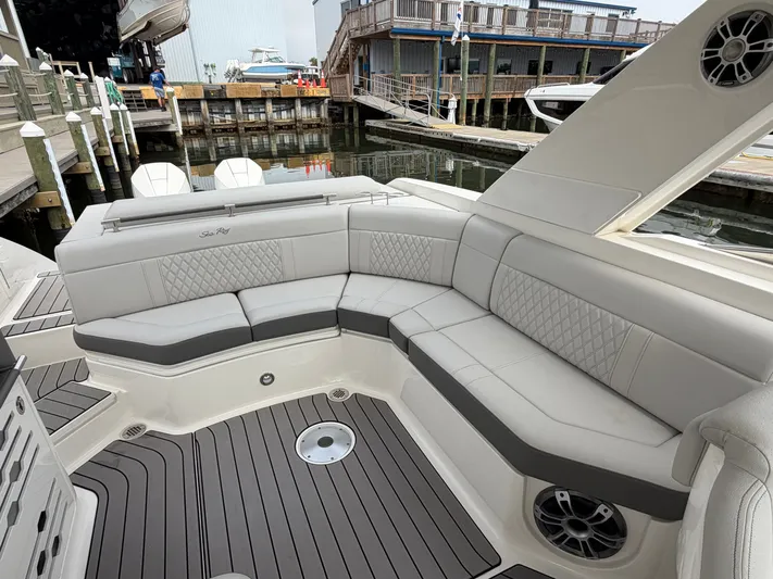  Yacht Photos Pics Interior of 2024 Sea Ray SLX 310 Outboard with luxurious seating.