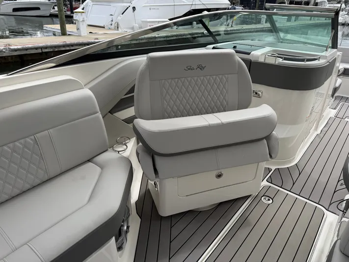  Yacht Photos Pics Interior of 2024 Sea Ray SLX 310 Outboard with luxurious seating.