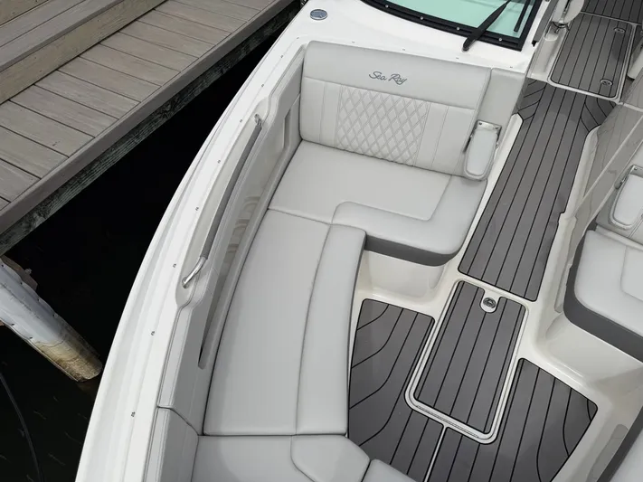  Yacht Photos Pics Interior of 2024 Sea Ray SLX 310 Outboard with sleek seating.