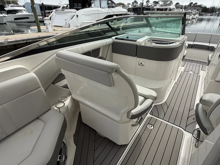 Yacht Photos Pics Interior of 2024 Sea Ray SLX 310 Outboard with sleek seating.