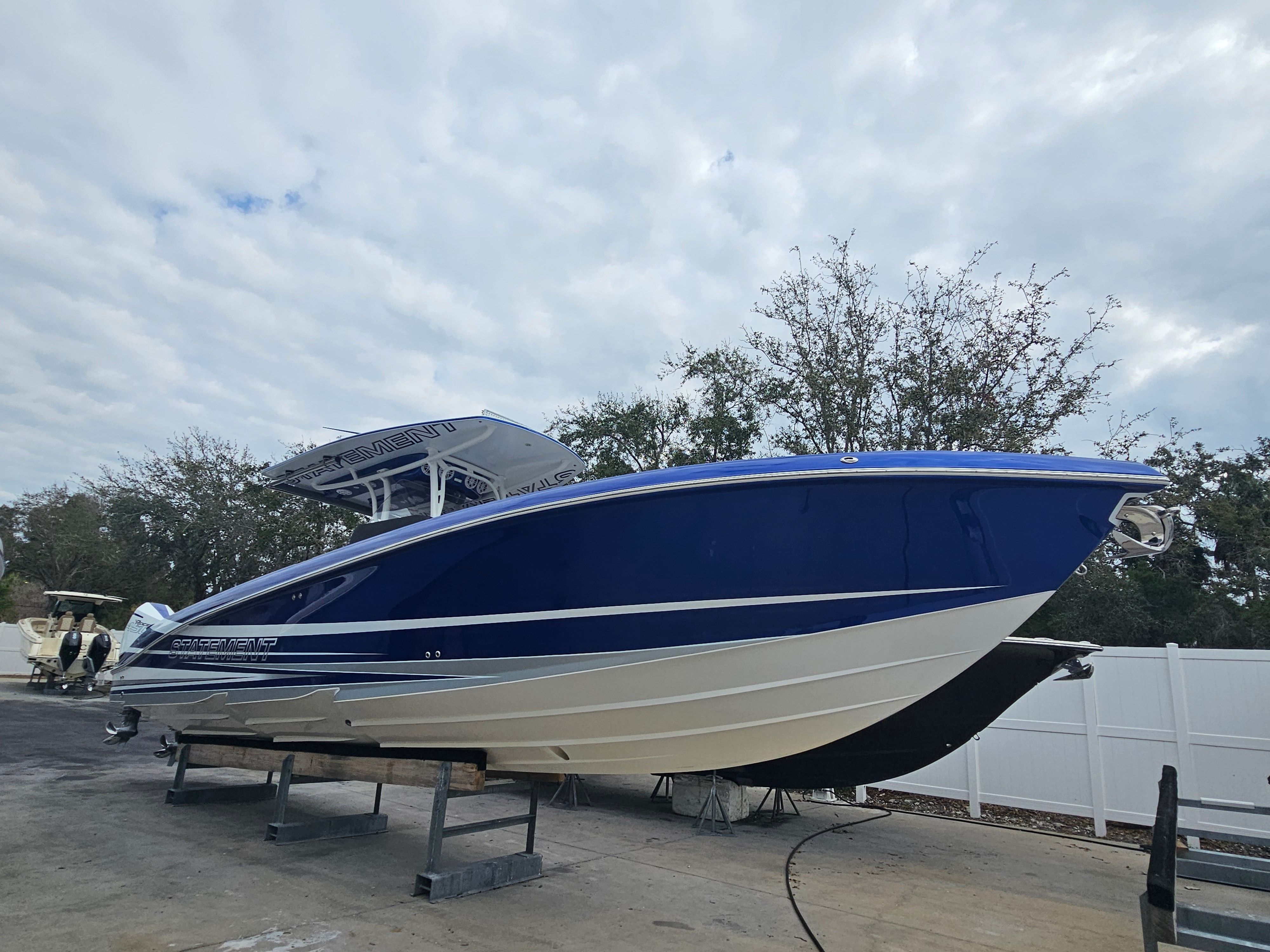 Blue Statement 380 Open boat, 2022 model, on a dry dock.