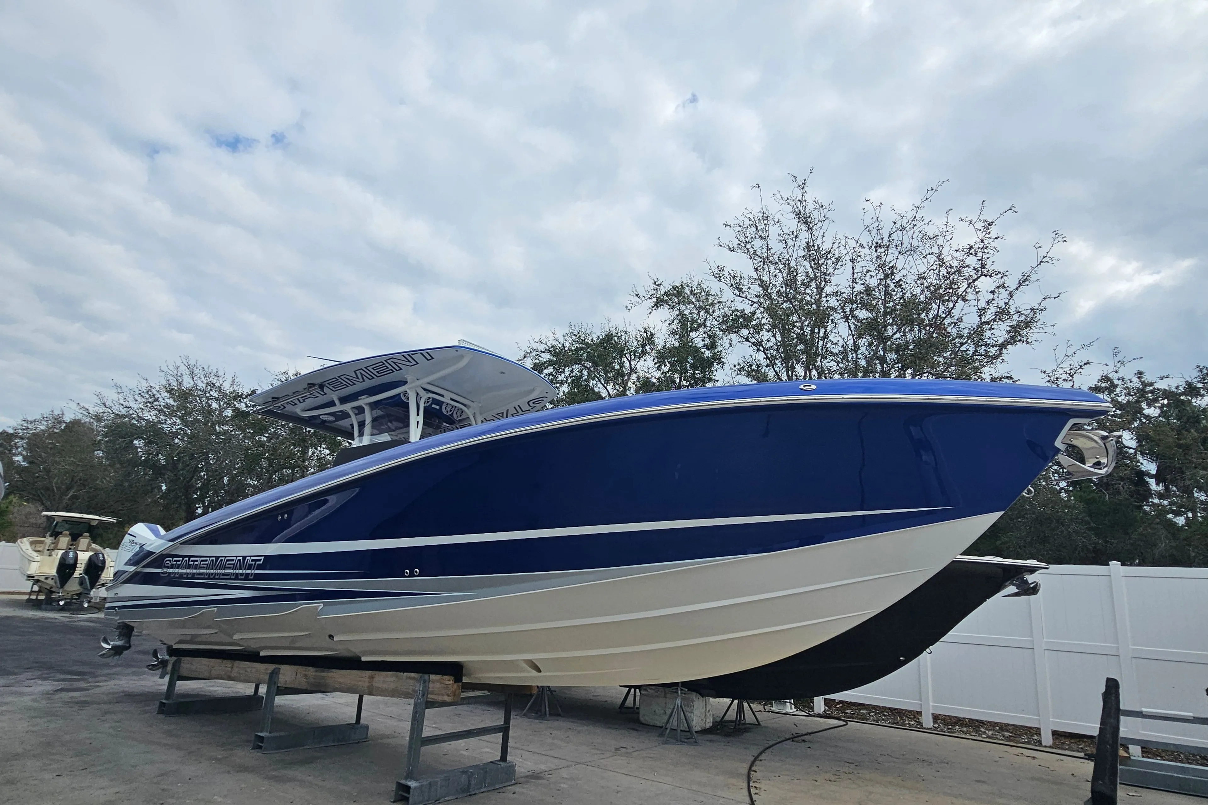 Blue Statement 380 Open boat, 2022 model, on a dry dock.