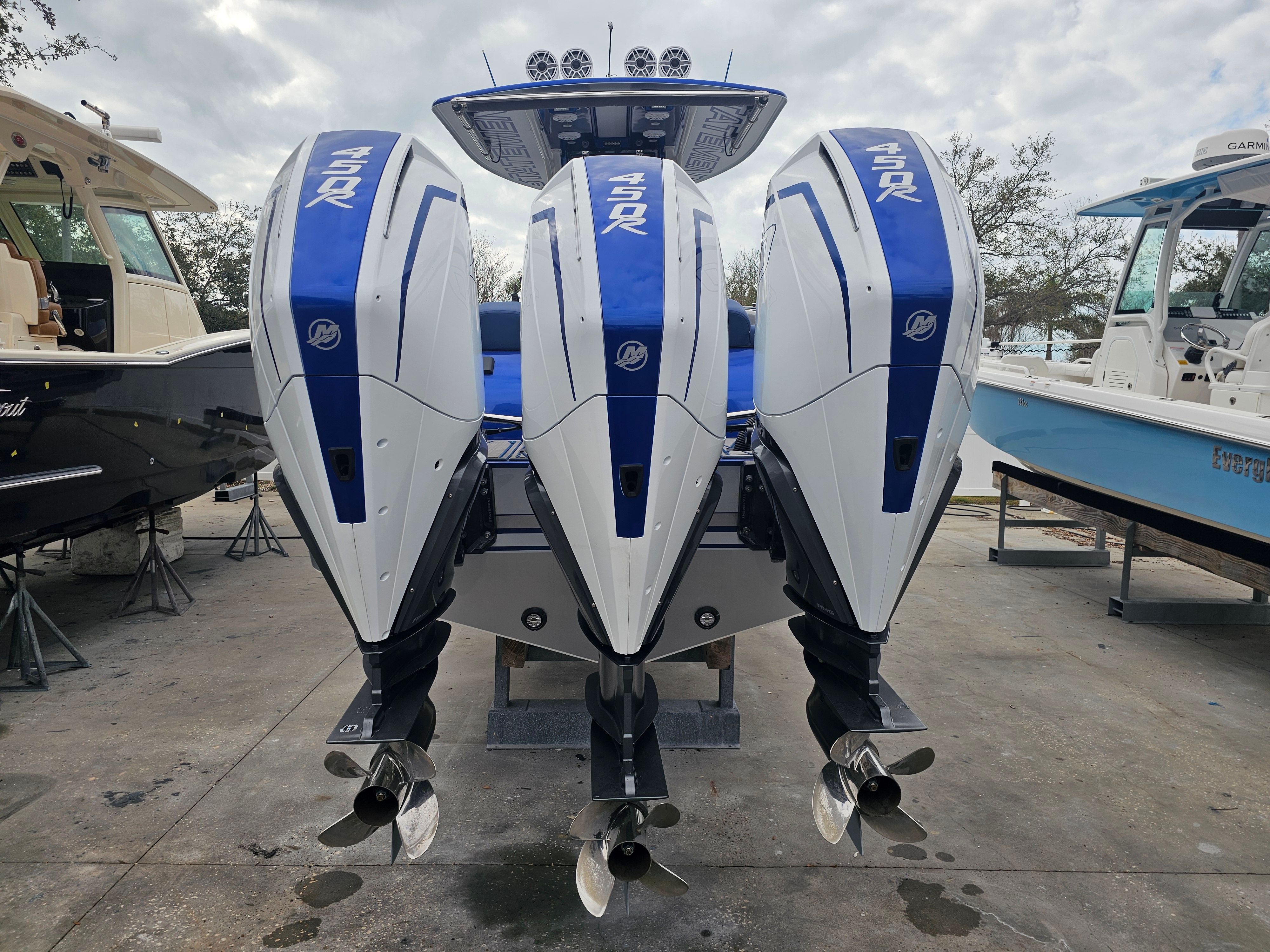 Three Mercury 450R engines on a 2022 Statement 380 Open boat.