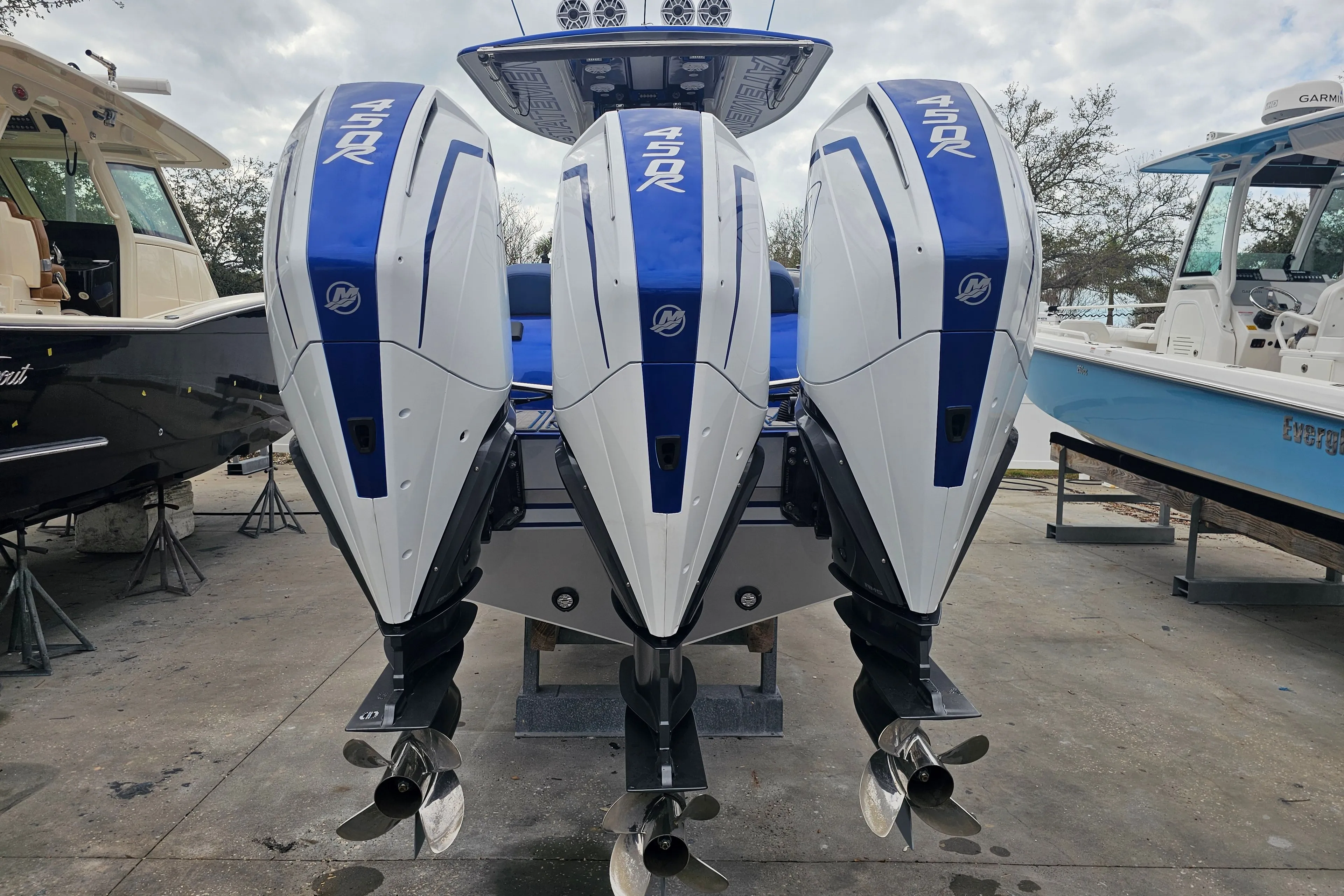 Three Mercury 450R engines on a 2022 Statement 380 Open boat.