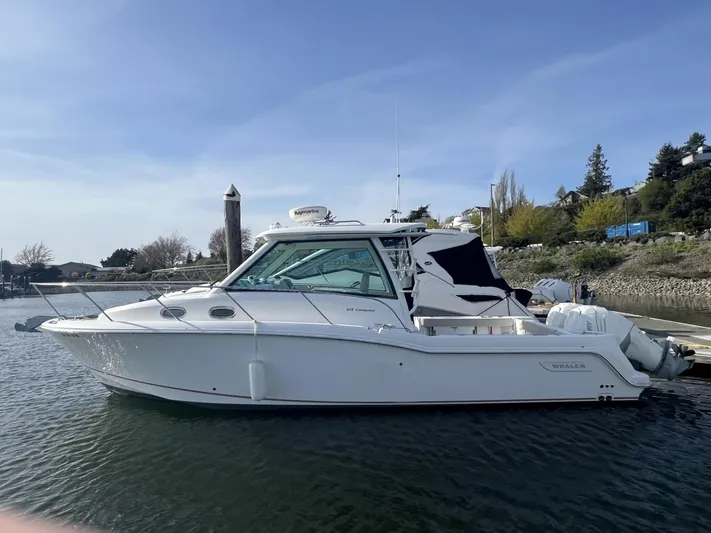  Yacht Photos Pics 2017 Boston Whaler 315 Conquest boat docked in a serene marina setting.
