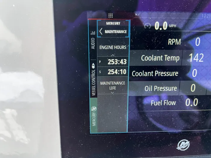  Yacht Photos Pics Display screen of a 2017 Boston Whaler 315 Conquest showing engine hours and maintenance data.