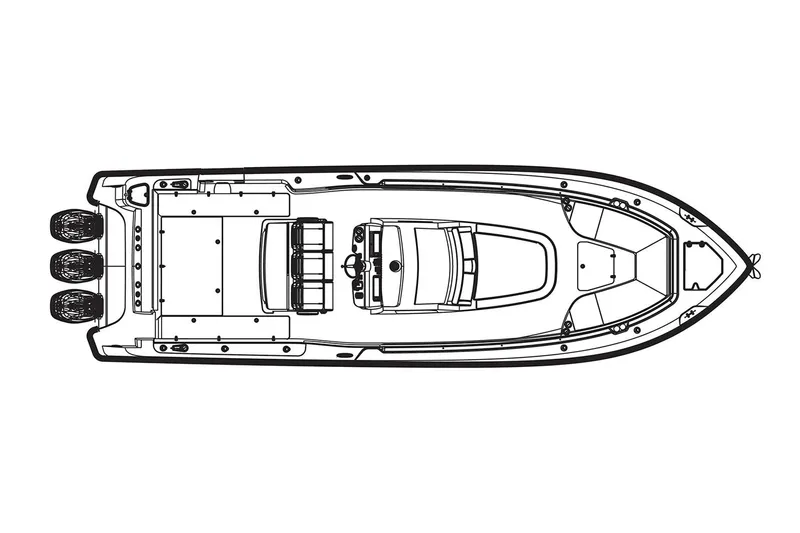  Yacht Photos Pics Top view schematic of a 2021 Boston Whaler 350 Outrage boat with triple engines.