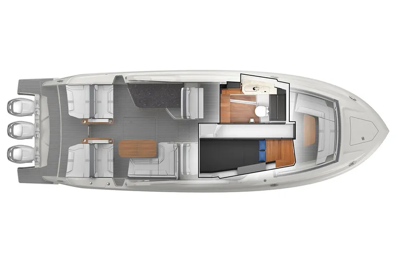  Yacht Photos Pics Manufacturer Provided Image: Top view of 2021 Tiara Sport 38 LX boat layout with triple outboard engines.