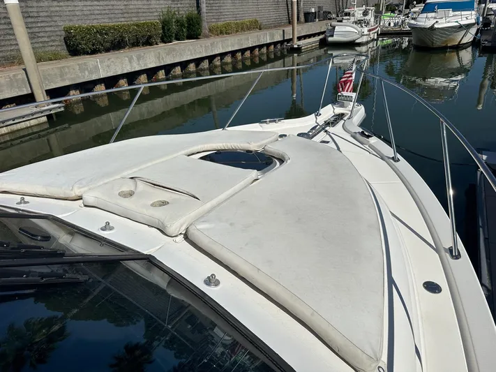 Five Too Soon Yacht Photos Pics 2008 Tiara Yachts 3500 Sovran docked, showcasing sleek design and spacious deck.