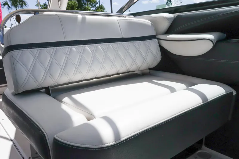  Yacht Photos Pics Luxurious seating in 2019 Regal 29 OBX boat with diamond-stitched upholstery.