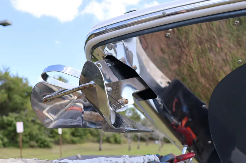  Yacht Photos Pics 2019 Regal 29 OBX boat anchor detail with shiny metal finish.