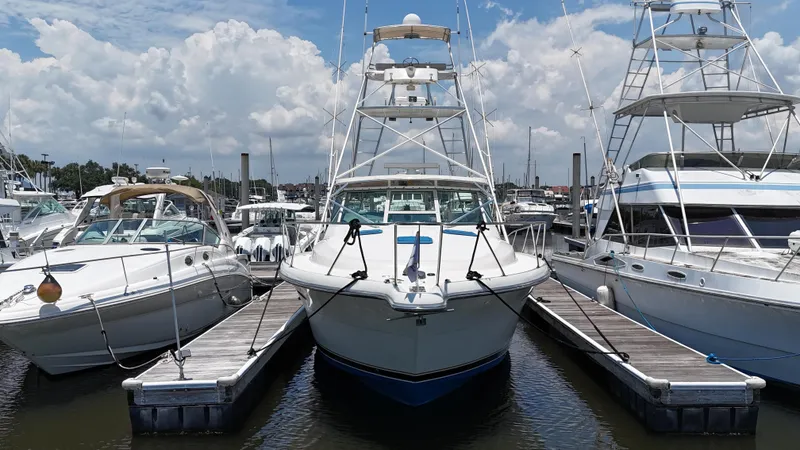 Hoggtide Two Yacht Photos Pics 1998 Tiara Yachts 4100 Open docked at a marina, front view.
