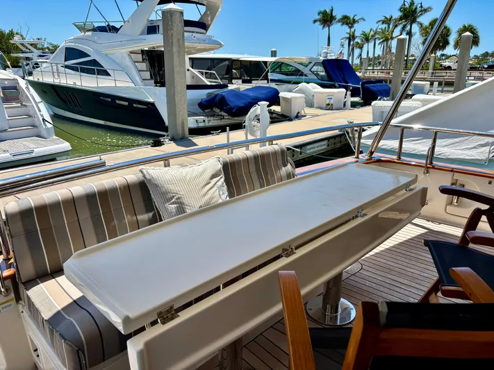 Forever Fun Yacht Photos Pics Outdoor seating area on a 2018 Marlow 53E CB yacht, docked with other boats nearby.