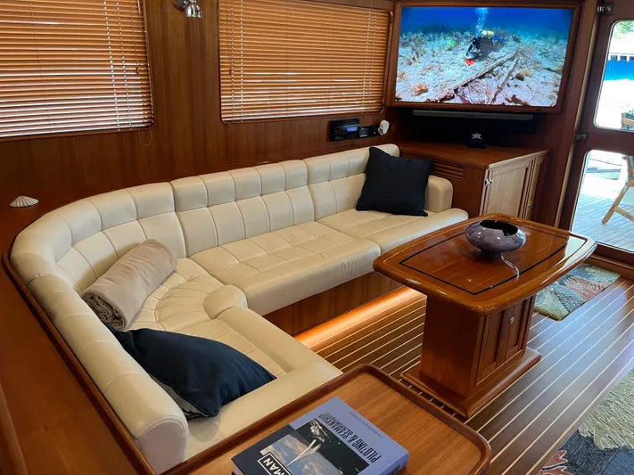 Forever Fun Yacht Photos Pics Luxurious 2018 Marlow 53E CB yacht interior with leather seating and TV.