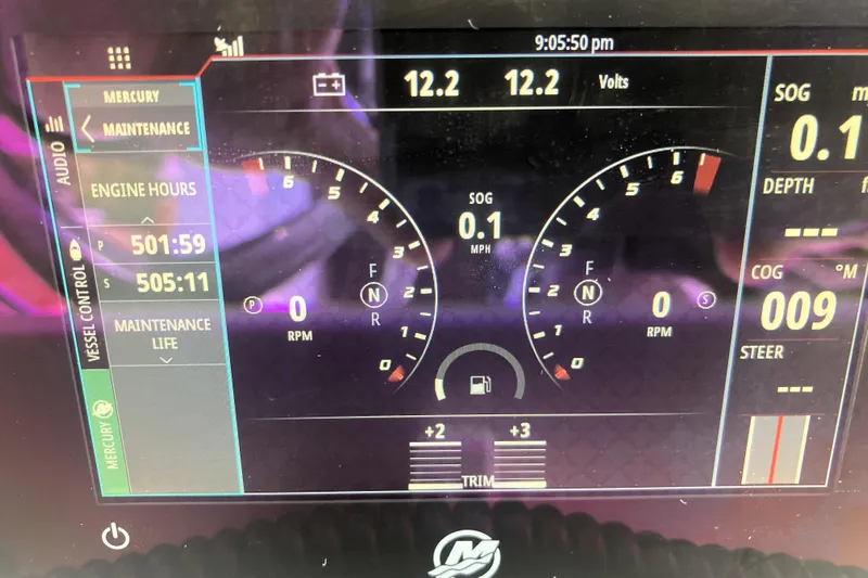 Sandtastic Yacht Photos Pics Dashboard of a 2020 Invincible 33 Open Fisherman showing engine hours and RPM.