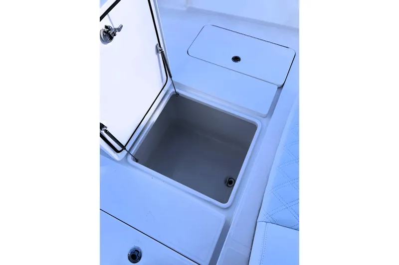 Sandtastic Yacht Photos Pics Open storage compartment on 2020 Invincible 33 Open Fisherman boat.