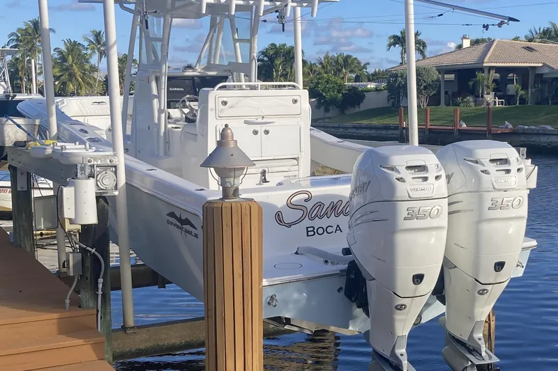 Sandtastic Yacht Photos Pics 2020 Invincible 33 Open Fisherman boat docked with twin Mercury 350 engines.