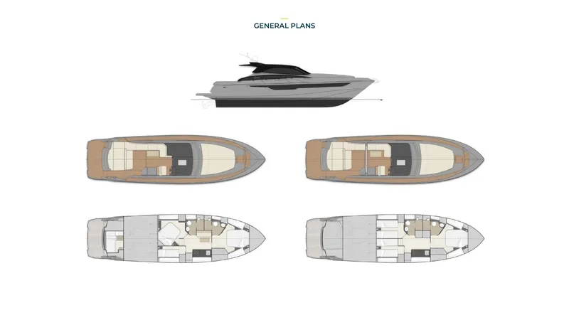  Yacht Photos Pics General plans of the 2024 Rizzardi In Five yacht, showcasing exterior and interior layouts.