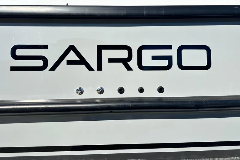  Yacht Photos Pics Sargo 31OB 2025 boat logo on white hull with black trim.
