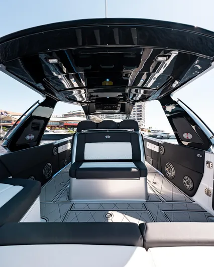  Yacht Photos Pics 2022 Cigarette 41 Nighthawk luxury boat interior with modern seating and sleek design.